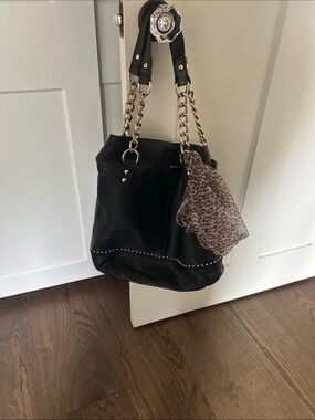 Guess Black Leather Tote with Gold Stud Accents - Designer-Style